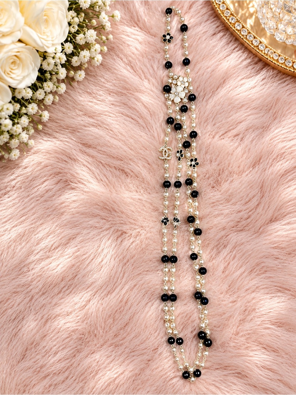 Elegant Black & Pearl Long Layered Necklace - Designer-Inspired